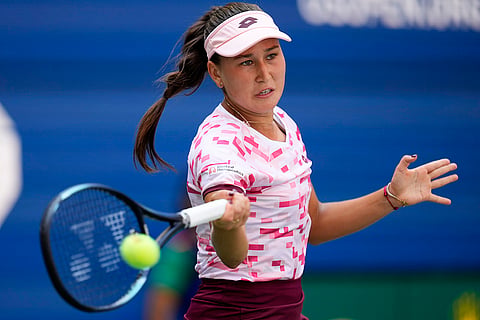 US Open 2024: Kamilla Rakhimova returns a shot to Iga Swiatek